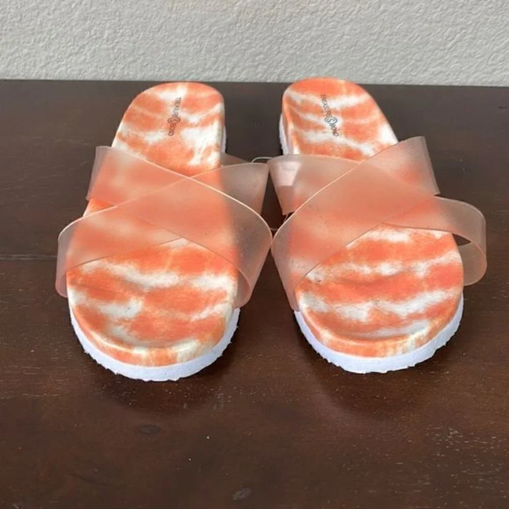 New Treasure & Bond Girls Ellie Clear Cross Toe Tie Dye Orange Slide Sandals 5